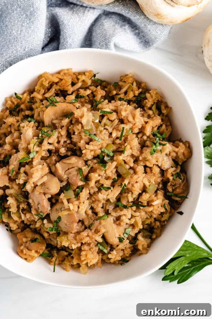 Savory Mushroom Rice Pilaf with Garlic and Herbs 2 Top down view of a bowl of mushroom rice.