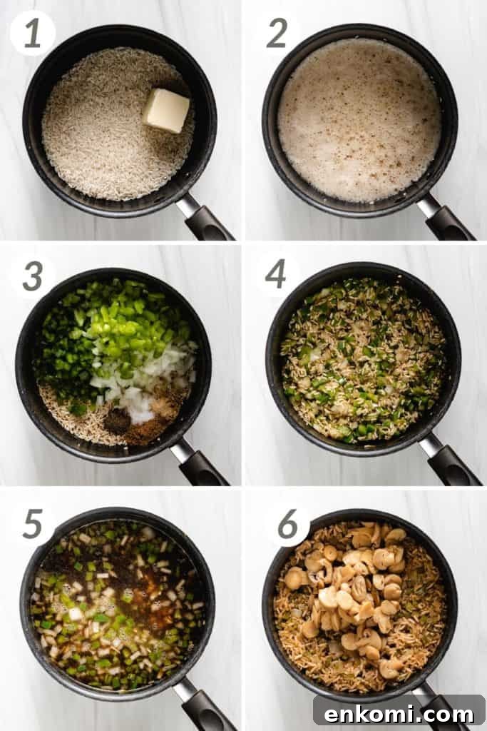 Savory Mushroom Rice Pilaf with Garlic and Herbs 3 Collage showing how to make mushroom rice.