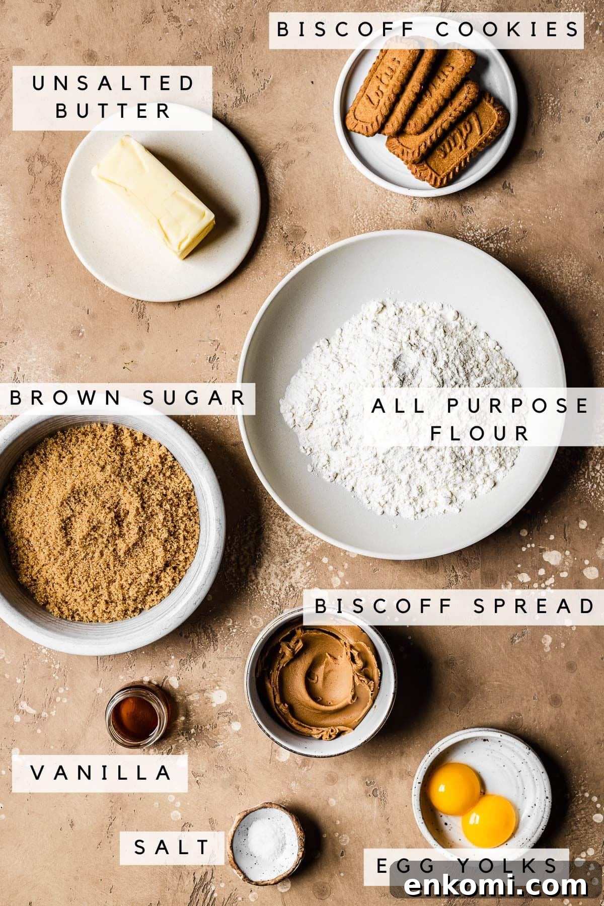 Biscoff Blondie Bars with Cookie Butter Swirl 3 Labeled ingredients in bowls.