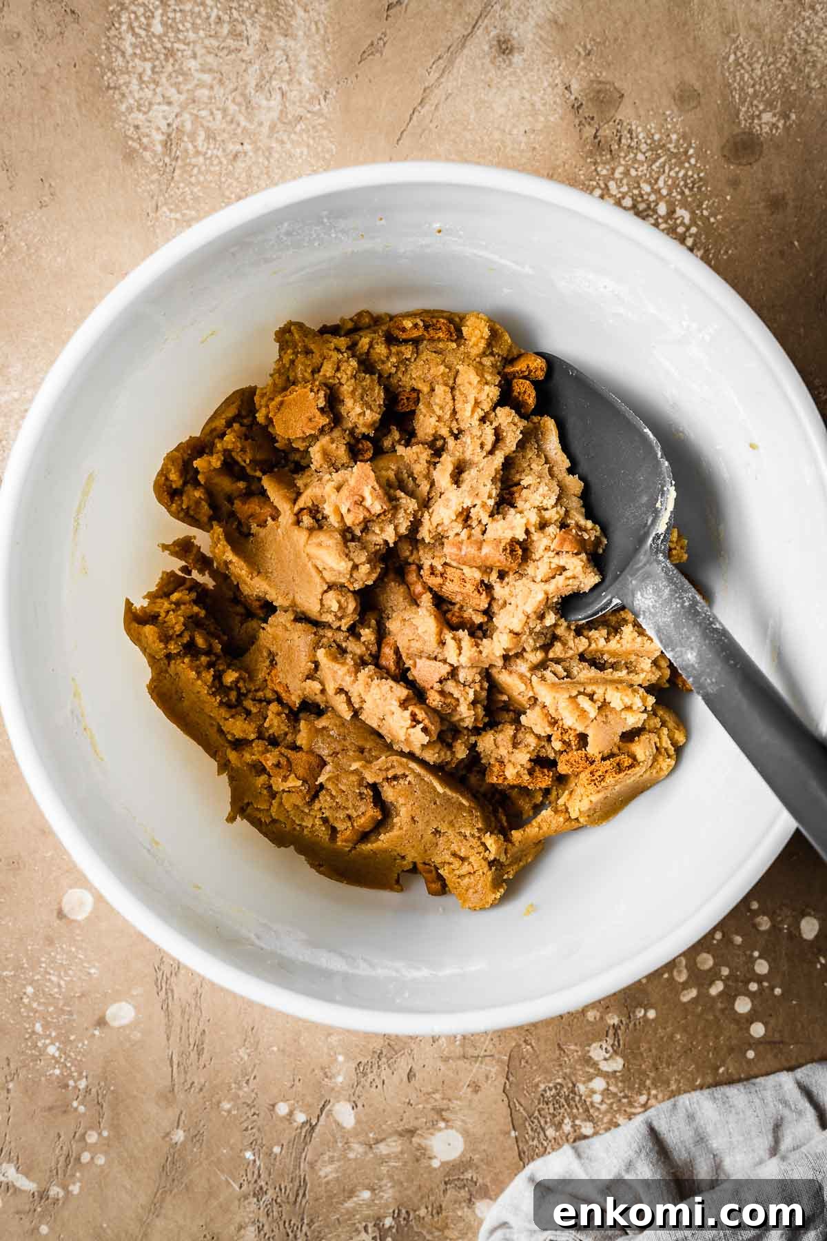 Biscoff Blondie Bars with Cookie Butter Swirl 8 Finished dough for biscoff blondie bars in a mixing bowl.