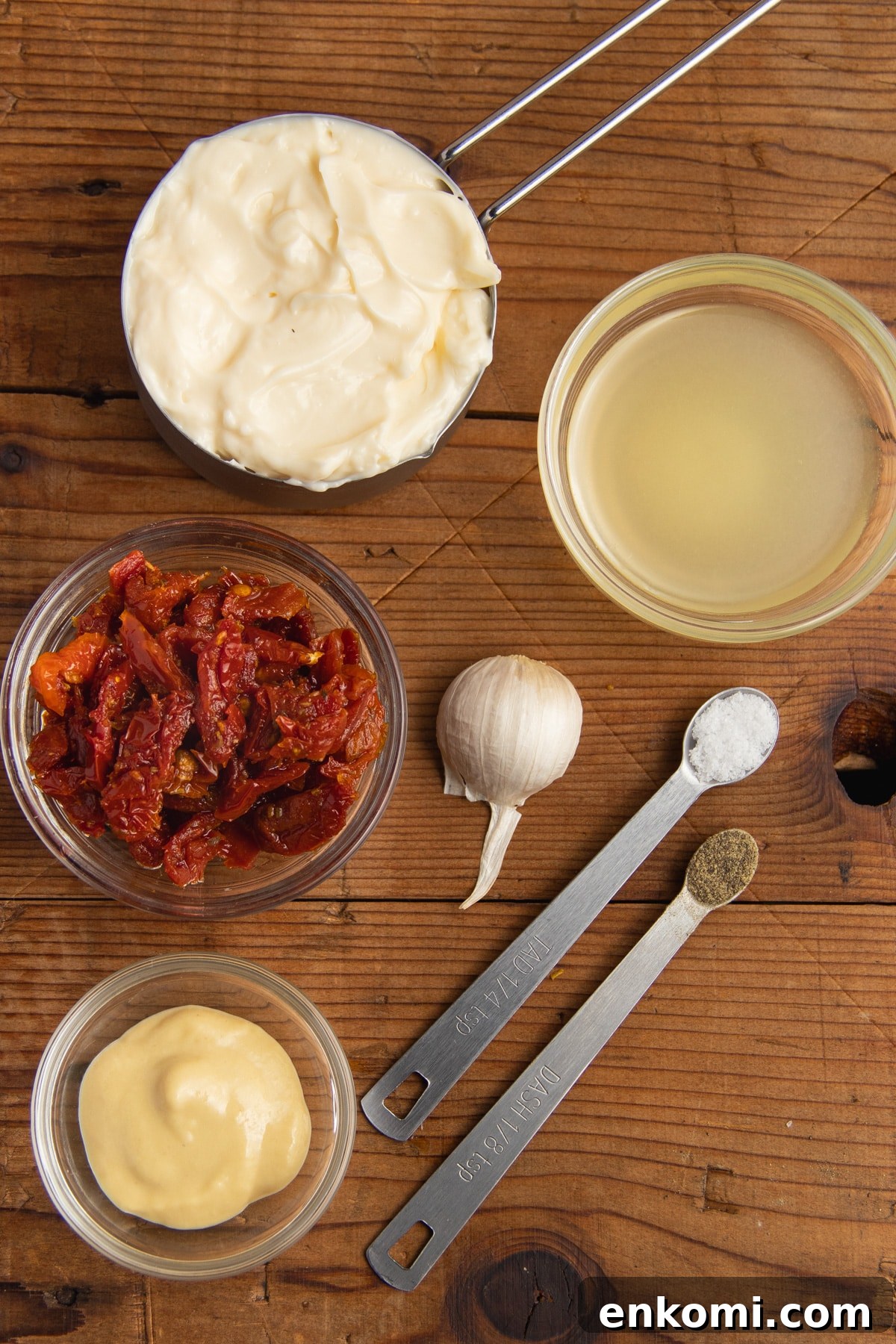 This is a picture of all the ingredients needed to make the sun-dried tomato aioli.