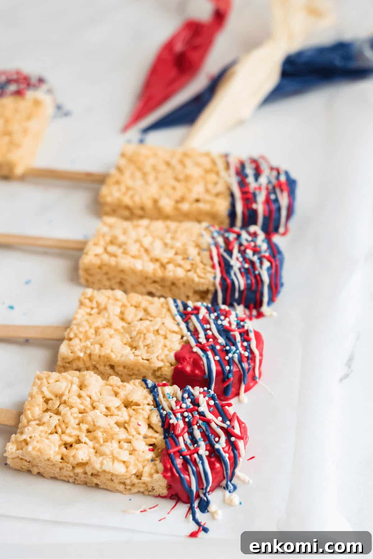A row of the Chocolate Covered Rice Krispy Treat Flags.