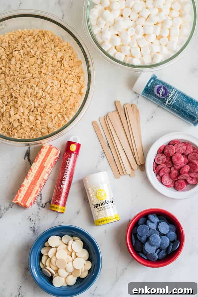Marshmallows, cereal, candies and sprinkles.