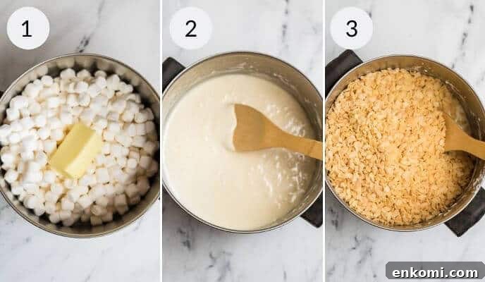 Melting the marshmallows and stirring in the cereal.