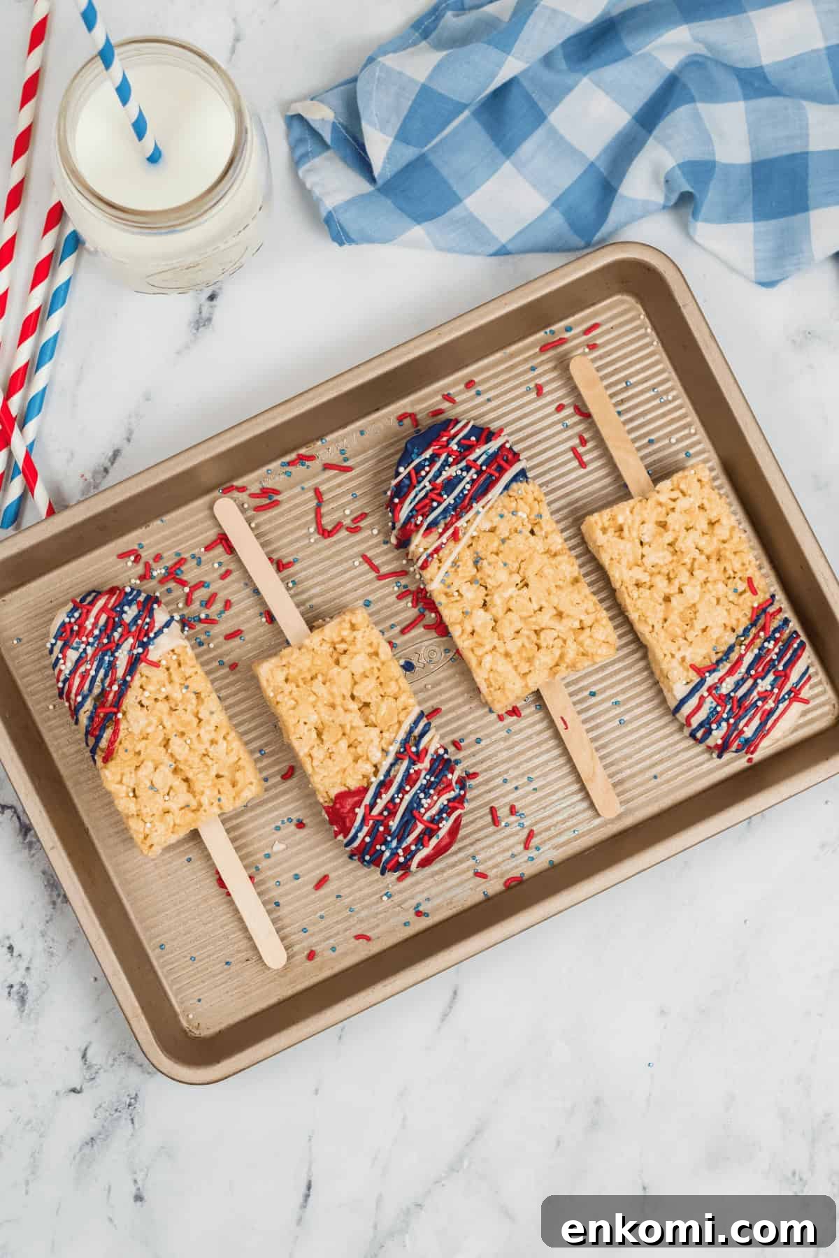 A dop shot of the krispy treat flags on a tray.