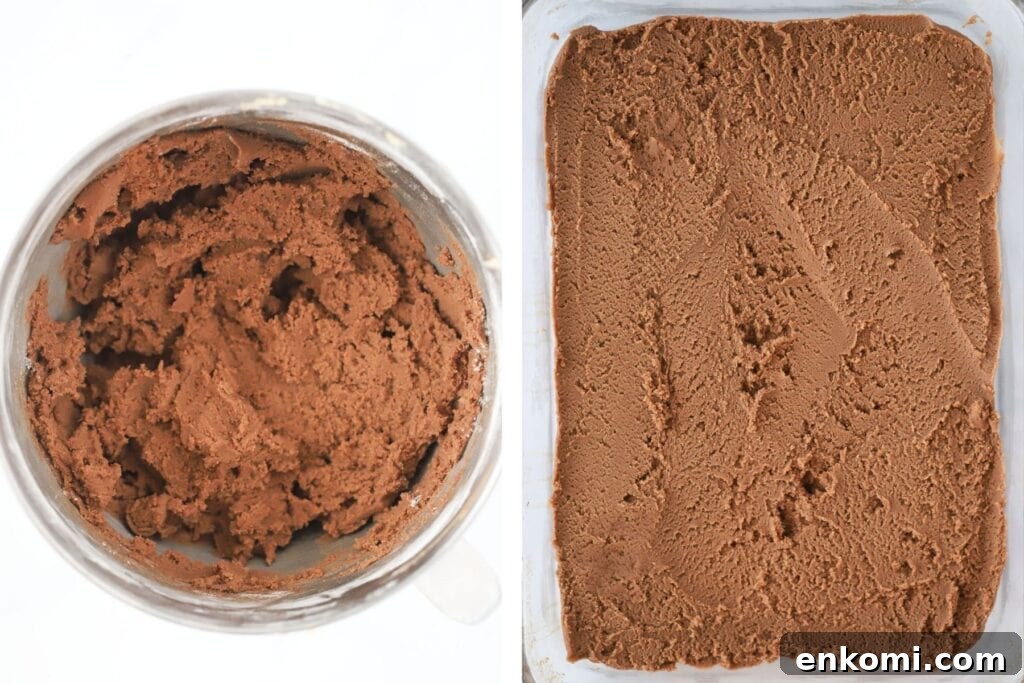 Chocolate bar cookie dough in a bowl and then pressed into a baking sheet.