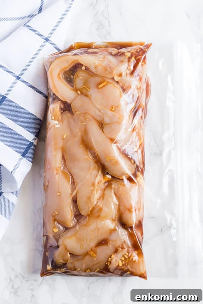 chicken fillets on a resealable bag with asian marinade
