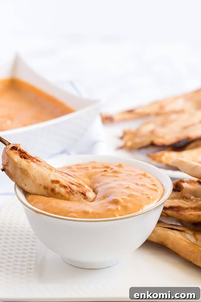 A grilled chicken skewer getting dipped into creamy peanut sauce.