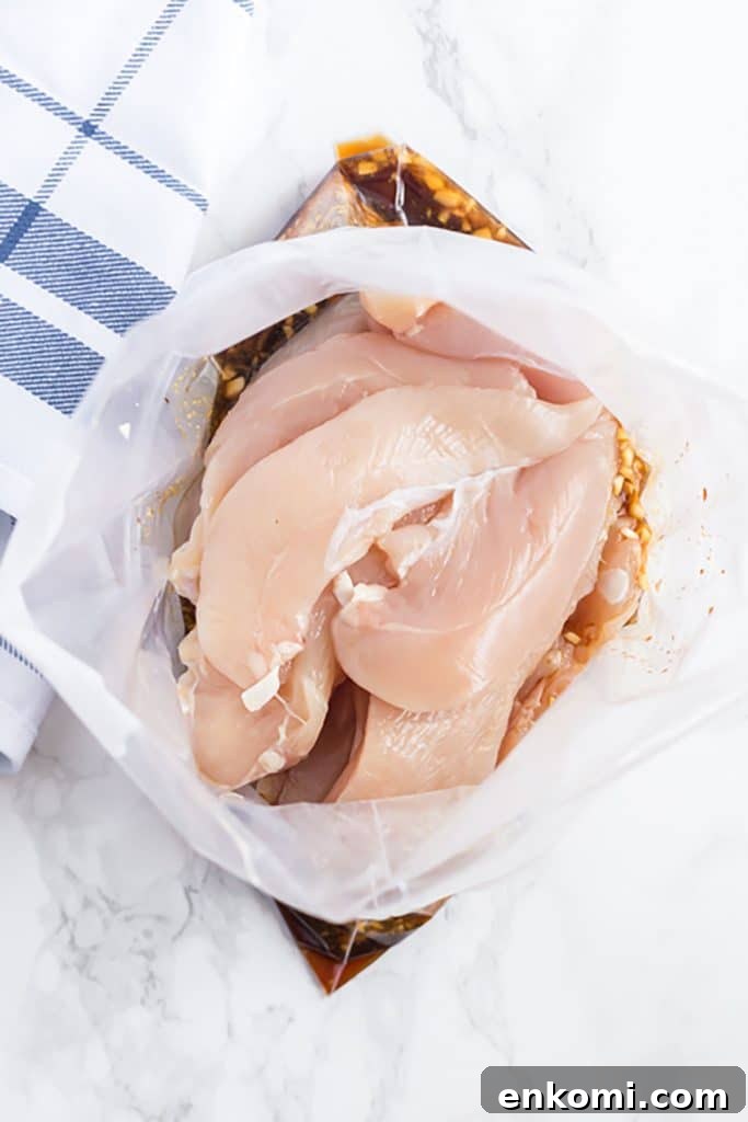 chicken fillets on a resealable bag with asian marinade