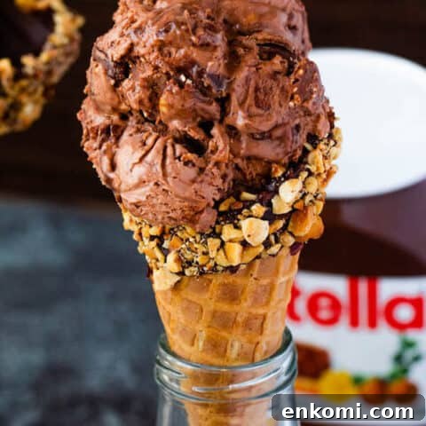No-Churn Ferrero Rocher Nutella Ice Cream with Chocolate Hazelnut Cones