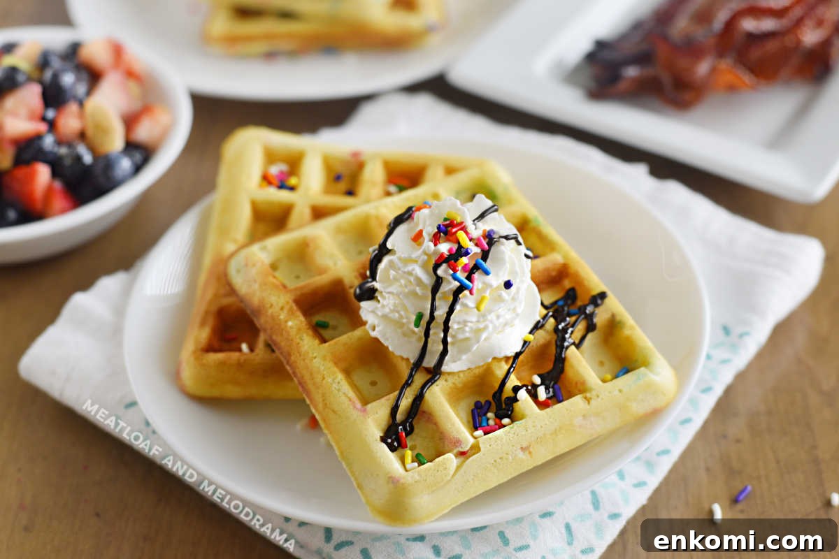 Homemade Funfetti Waffles Recipe for Soft, Colorful Breakfast 2 2 funfetti waffles with candy sprinkles and whipped cream on a plate