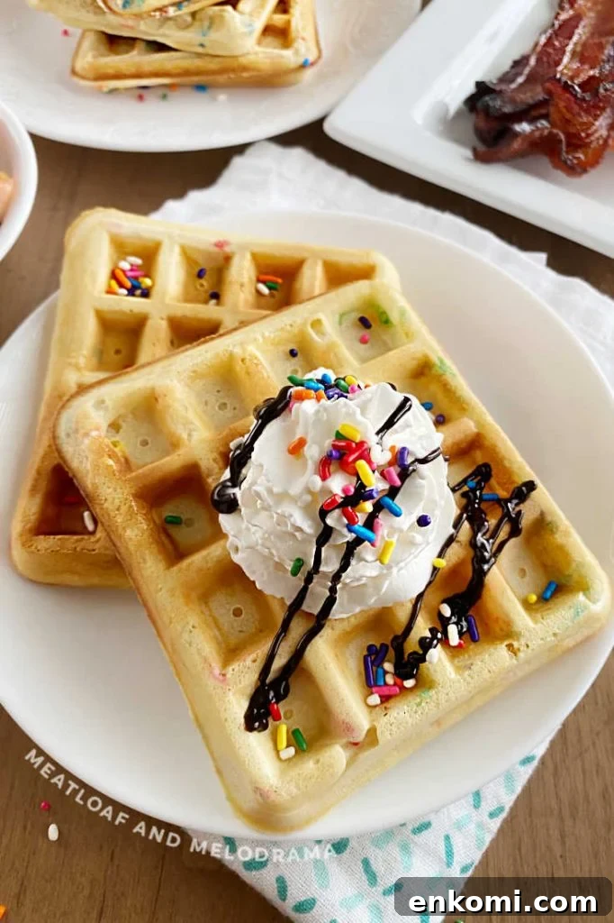 Homemade Funfetti Waffles Recipe for Soft, Colorful Breakfast 6 2 birthday waffles with sprinkles and whipped cream on a plate