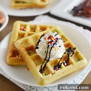Homemade Funfetti Waffles Recipe for Soft, Colorful Breakfast 7 2 funfetti waffles with sprinkles and whipped cream on a plate