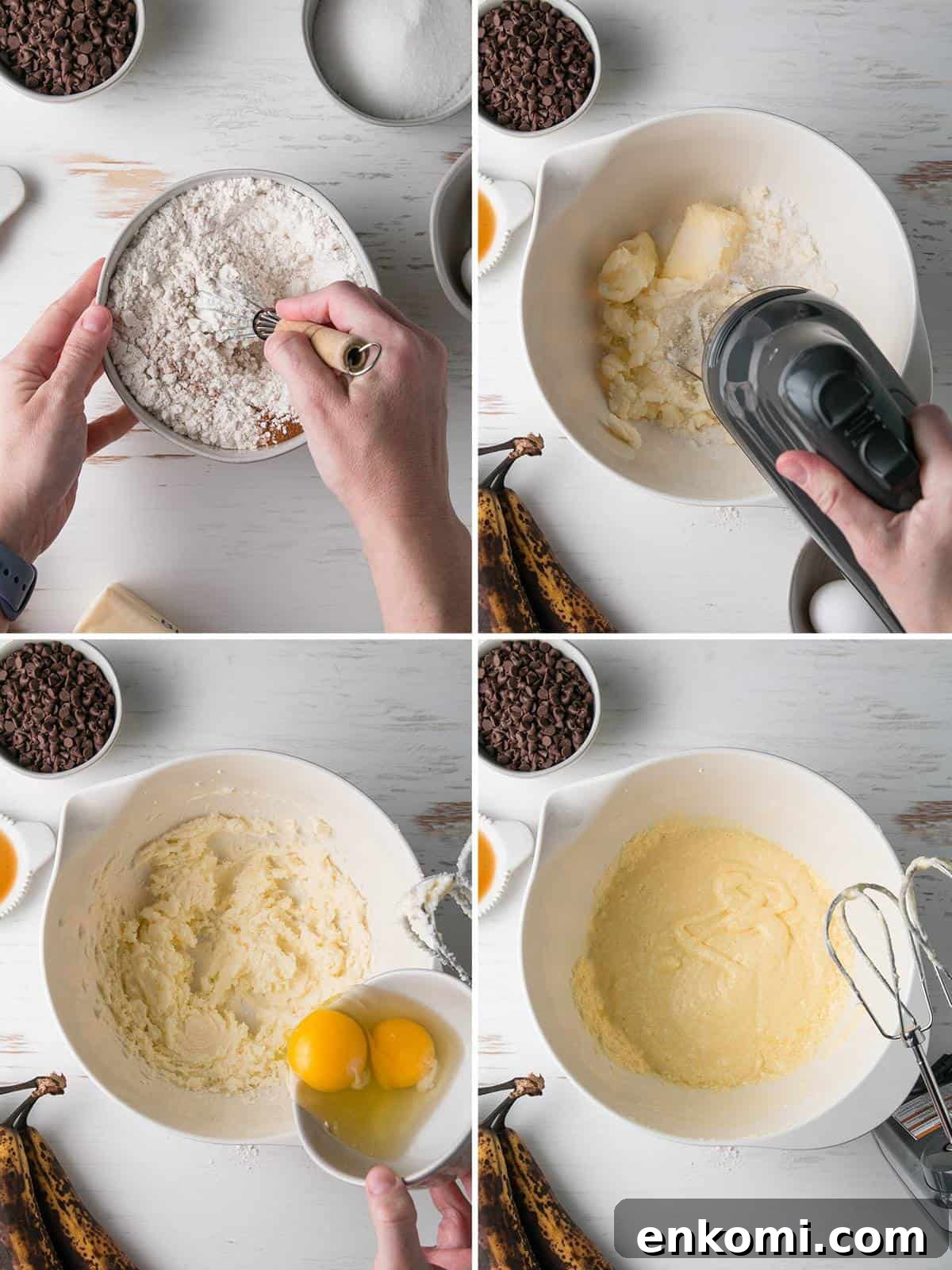 First steps to mixing the muffins, blending the dry ingredients, then the wet ingredients in separate bowls.