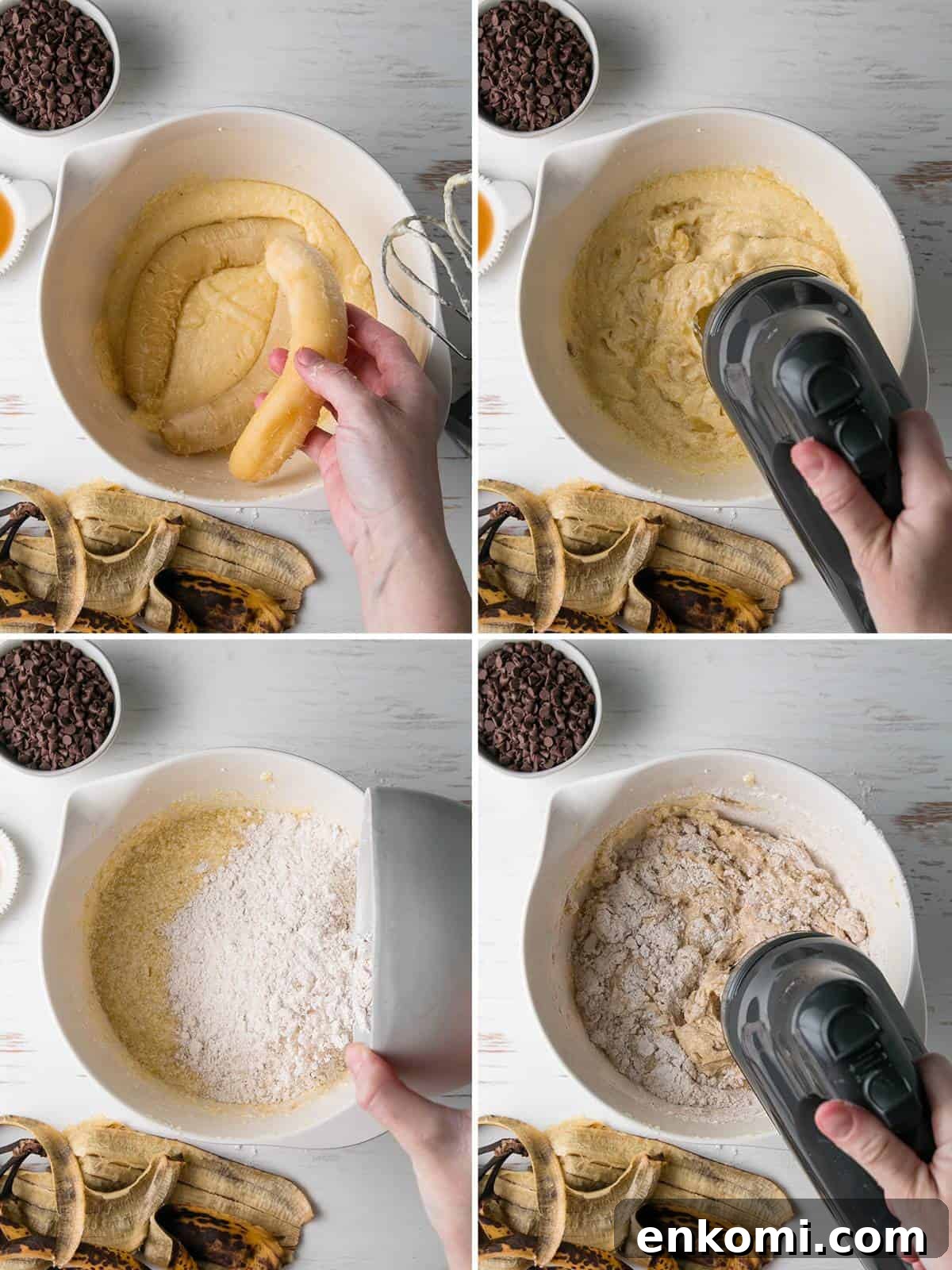 Adding in the bananas and then combining the wet and dry ingredients.