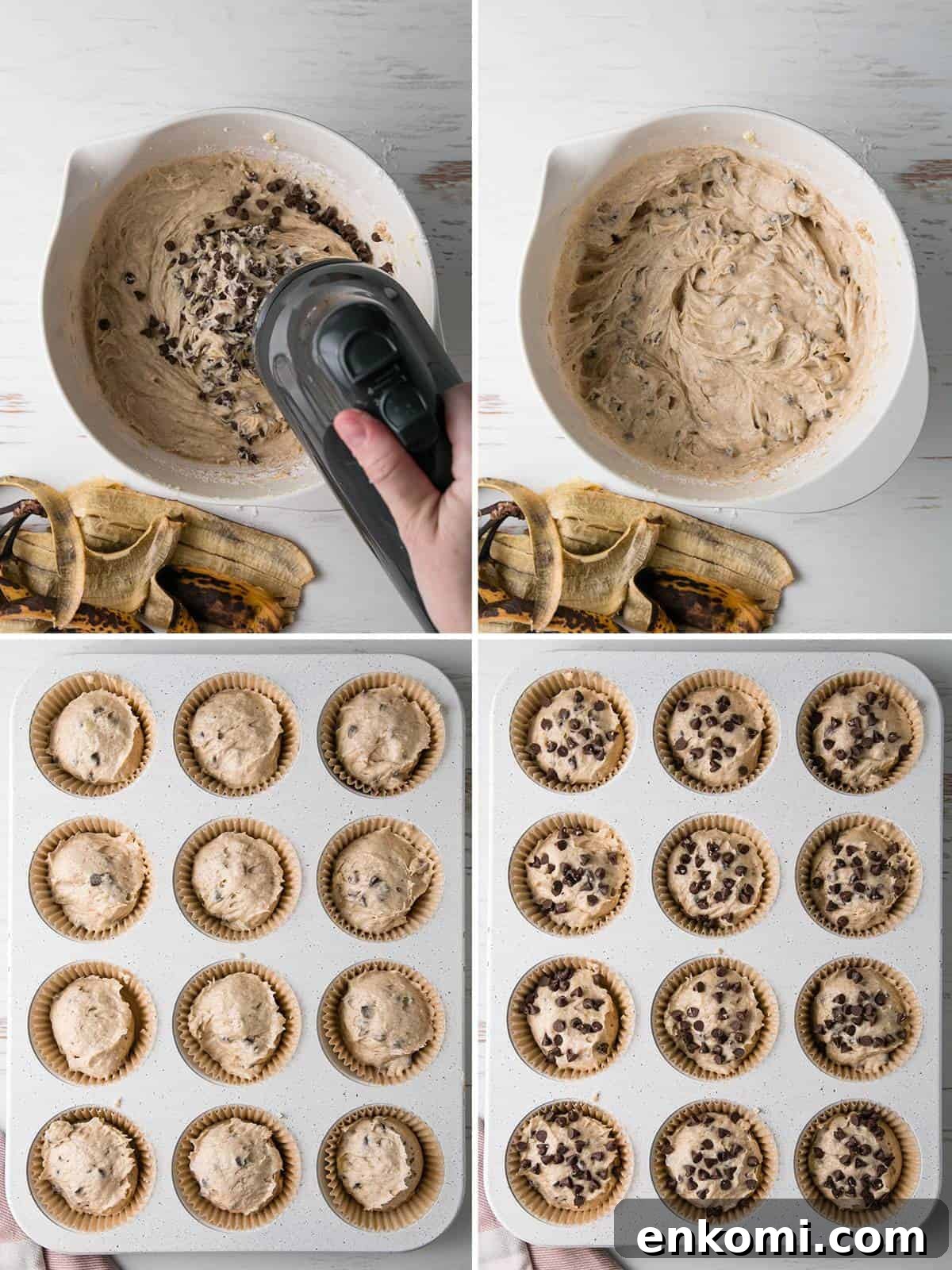 Stirring in chocolate chips and scooping into muffin tins.
