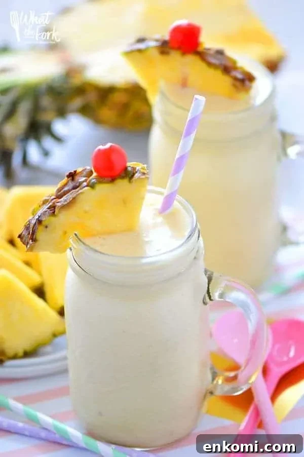 Creamy Piña Colada Smoothie Recipes for Tropical Movers 6 These Healthy Pina Colada Smoothies are dairy free, gluten free, and paleo. They make a great breakfast or quick afternoon drink and will have you dreaming of sunshine and warm beach weather! Recipe from @whattheforkbog | whattheforkfoodblog.com | smoothie recipes | easy smoothie recipes