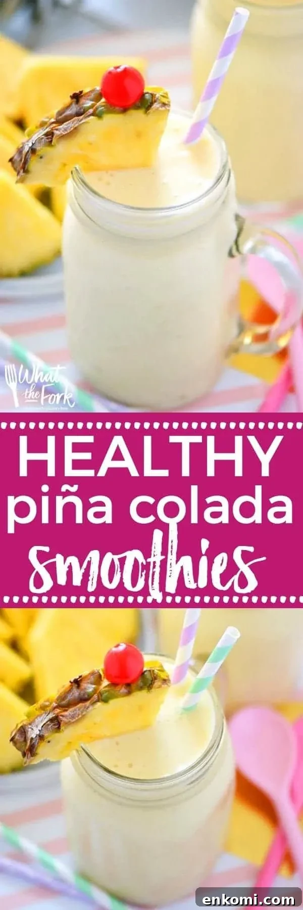 Creamy Piña Colada Smoothie Recipes for Tropical Movers 7 These Healthy Pina Colada Smoothies are dairy free, gluten free, and paleo. They make a great breakfast or quick afternoon drink and will have you dreaming of sunshine and warm beach weather! Recipe from @whattheforkbog | whattheforkfoodblog.com | smoothie recipes | easy smoothie recipes