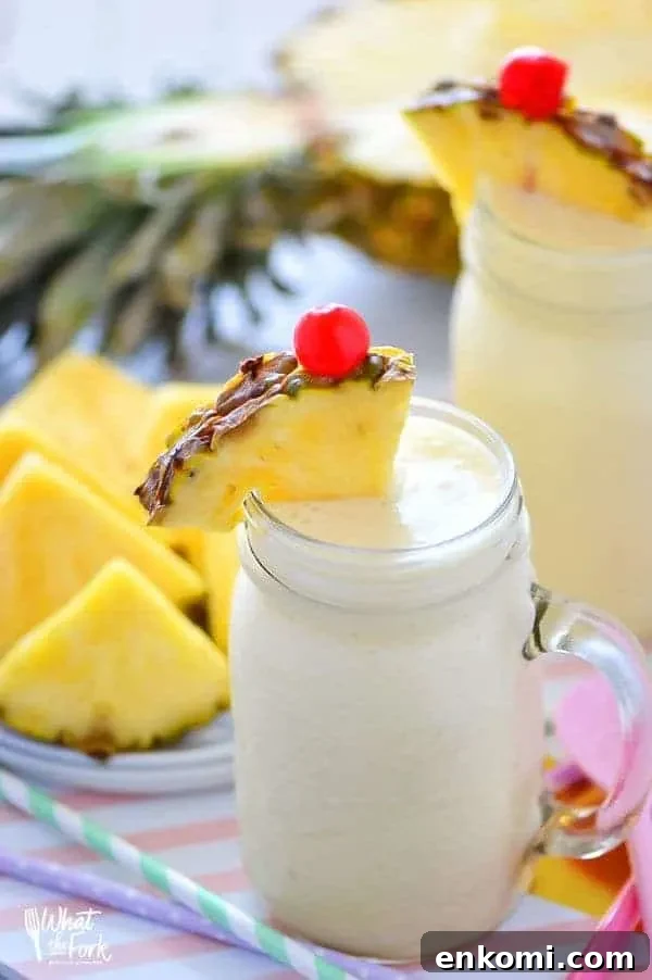 Creamy Piña Colada Smoothie Recipes for Tropical Movers 3 These Healthy Pina Colada Smoothies are dairy free, gluten free, and paleo. They make a great breakfast or quick afternoon drink and will have you dreaming of sunshine and warm beach weather! Recipe from @whattheforkbog | whattheforkfoodblog.com | smoothie recipes | easy smoothie recipes