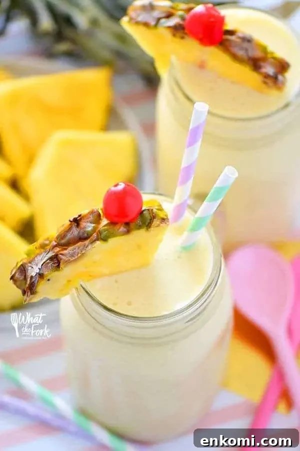 Creamy Piña Colada Smoothie Recipes for Tropical Movers 4 These Healthy Pina Colada Smoothies are dairy free, gluten free, and paleo. They make a great breakfast or quick afternoon drink and will have you dreaming of sunshine and warm beach weather! Recipe from @whattheforkbog | whattheforkfoodblog.com | smoothie recipes | easy smoothie recipes