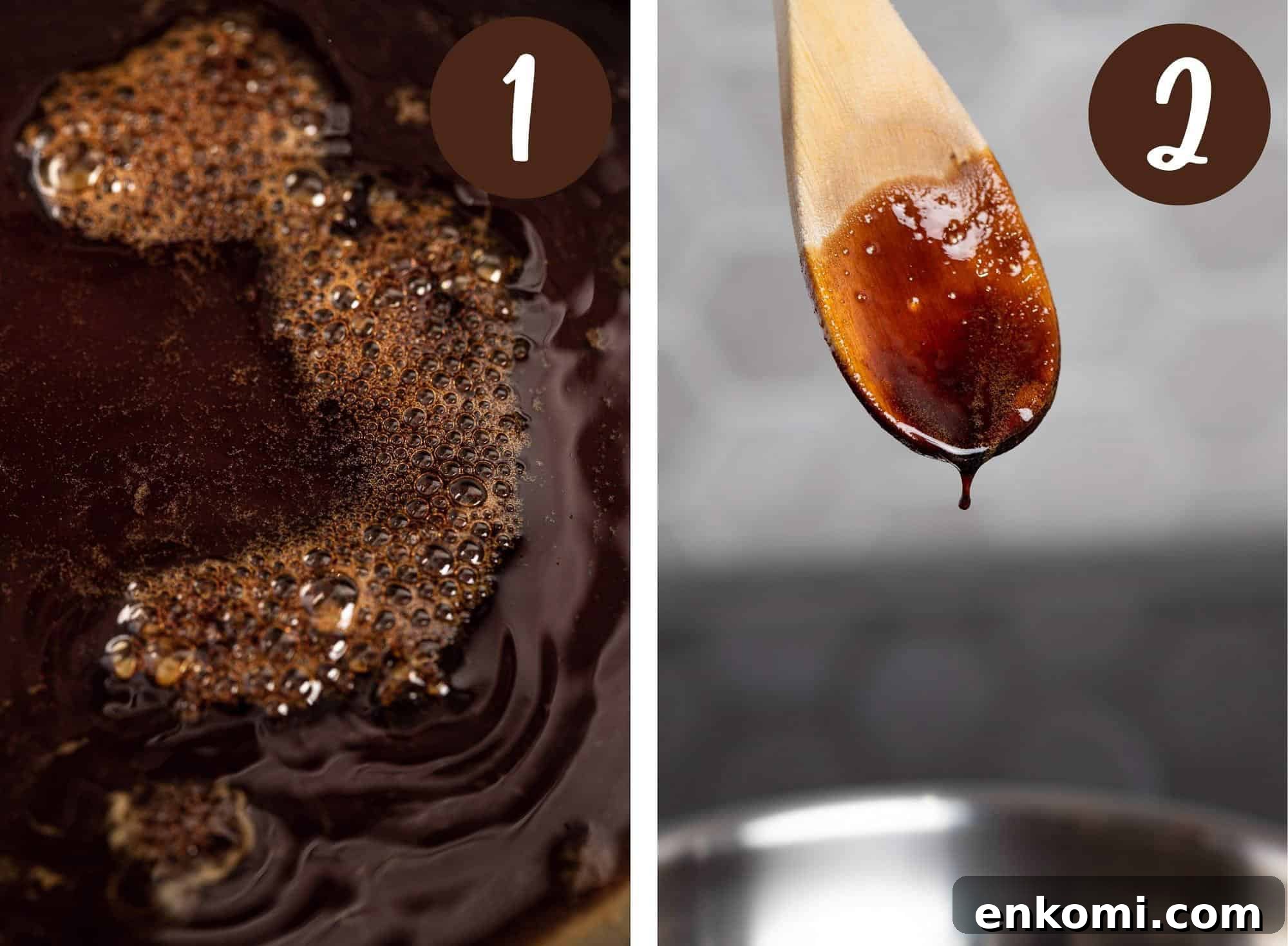 Balsamic Glaze Recipe for Caprese Salad Dressing 4 Process photos illustrating steps 1 and 2.