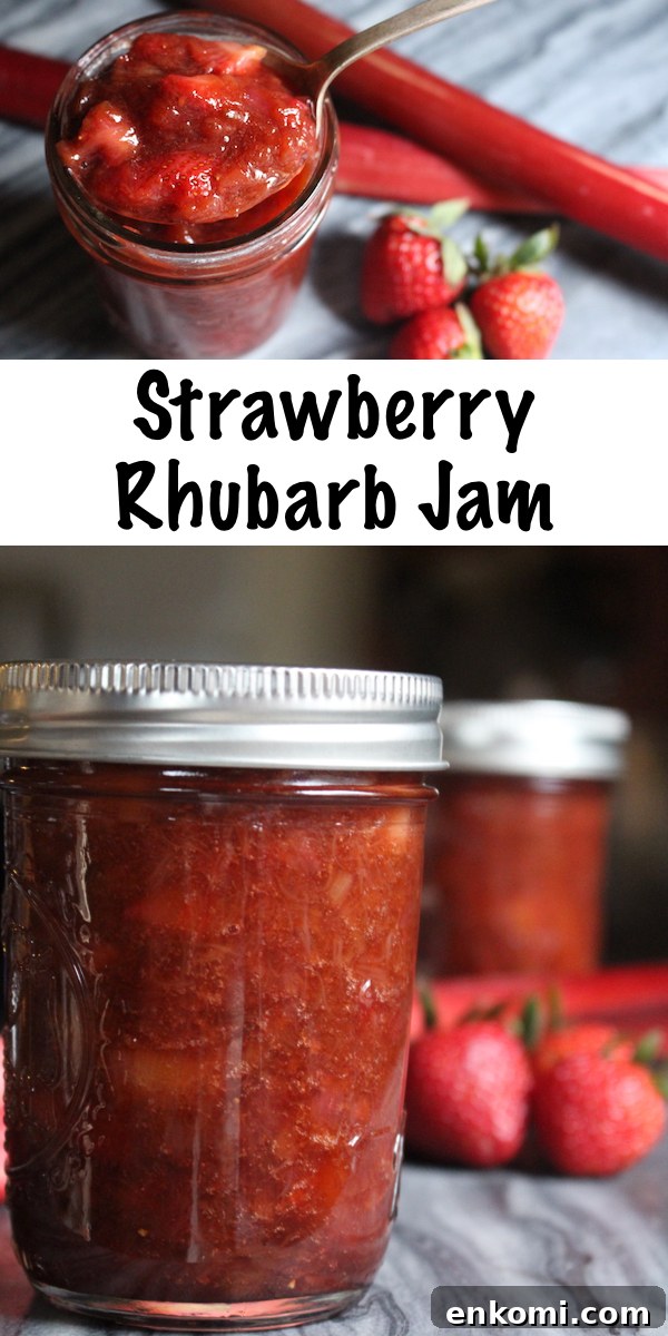 Homemade Strawberry Rhubarb Jam Recipe for Preserving Fresh Fruit 8 Homemade Strawberry Rhubarb Jam ~ This easy strawberry rhubarb jam is made without pectin. This recipe can be used for home canning or as a freezer jam. Instructions for a strawberry rhubarb jam with pectin are also provided, as well as low sugar options. #strawberry #rhubarb #jamrecipe #canning #foodpreservation #homesteading