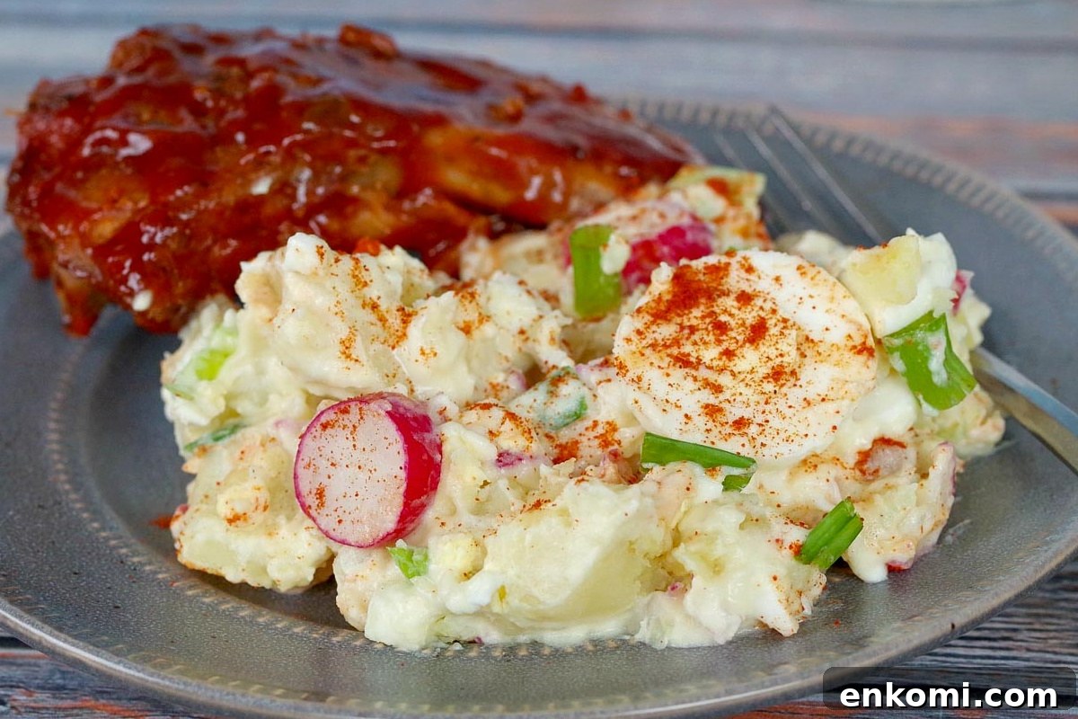 Weight Watchers Potato Salad Recipe — Light & Flavorful 2 potato salad on plate with ribs