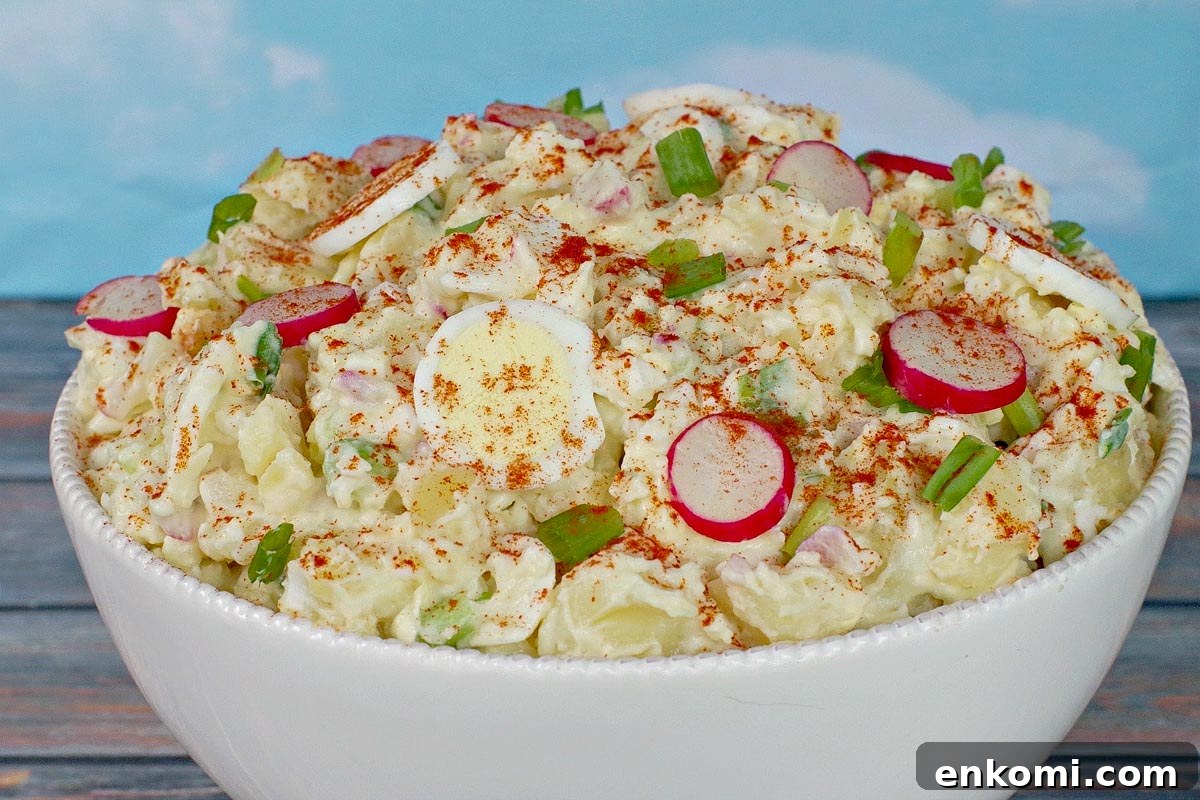Weight Watchers Potato Salad Recipe — Light & Flavorful 3 Potato Salad in a white bowl