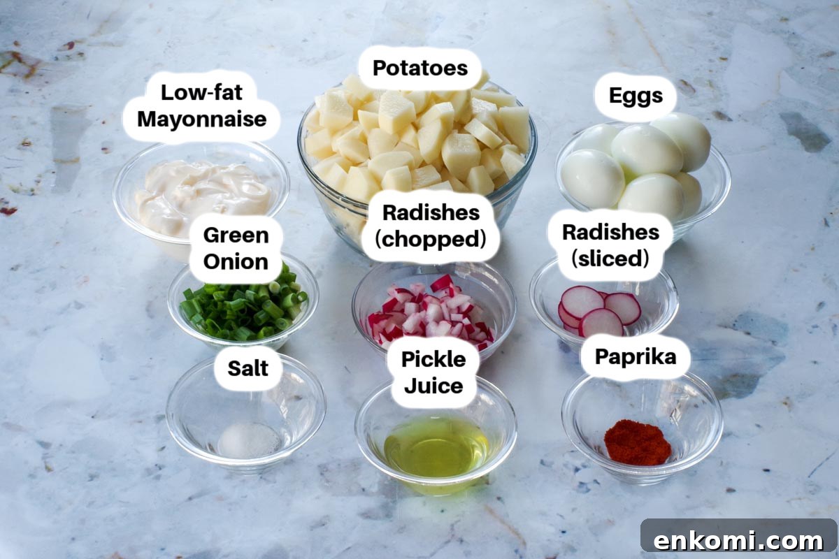Weight Watchers Potato Salad Recipe — Light & Flavorful 4 Healthy potato salad ingredient in glass bowls, labelled.