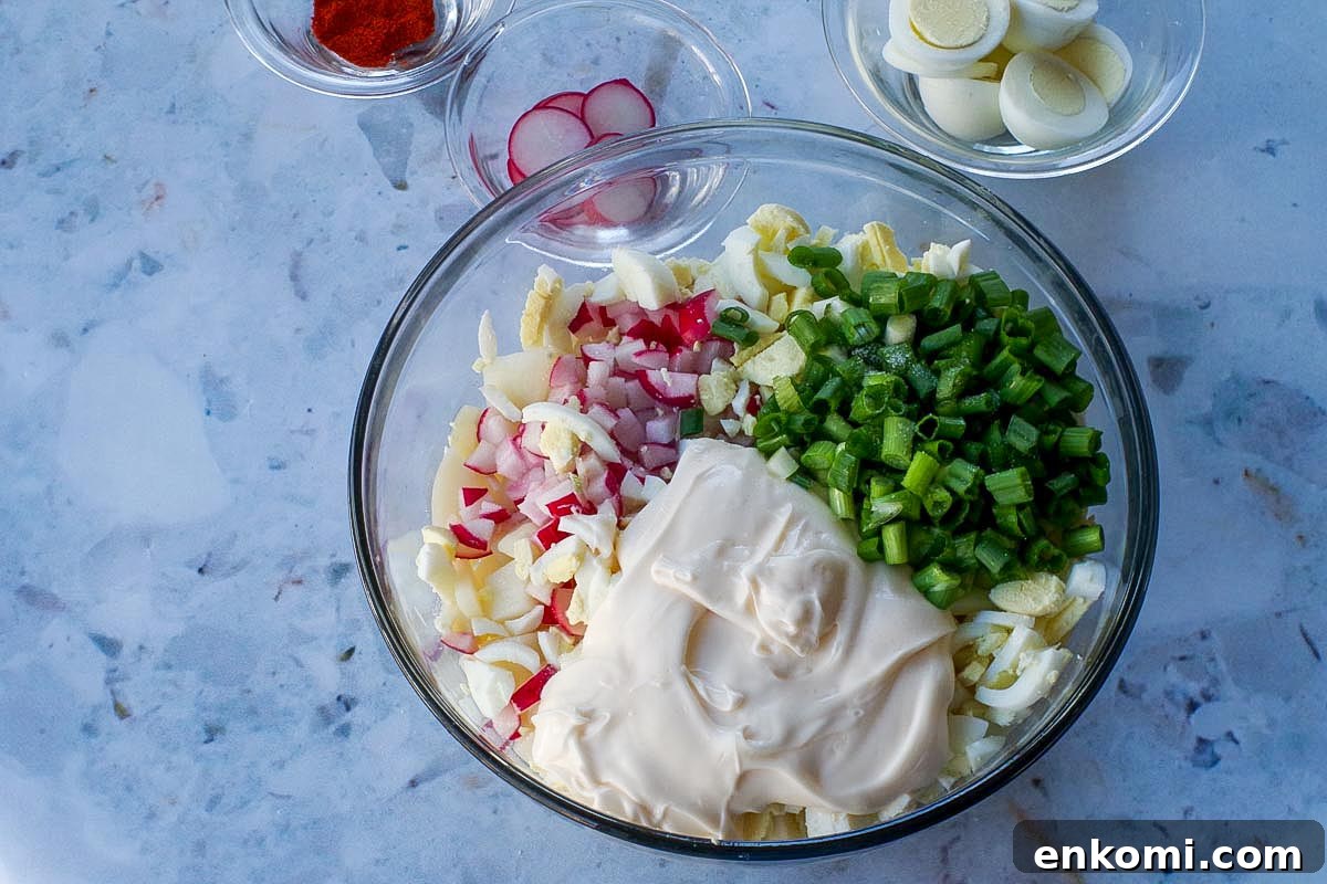Weight Watchers Potato Salad Recipe — Light & Flavorful 8 All ingredients (except garnishes) in large glass bowl).