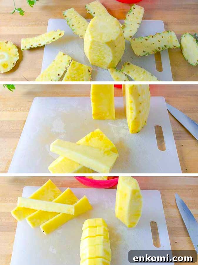 steps showing how to cut up a fresh pineapple