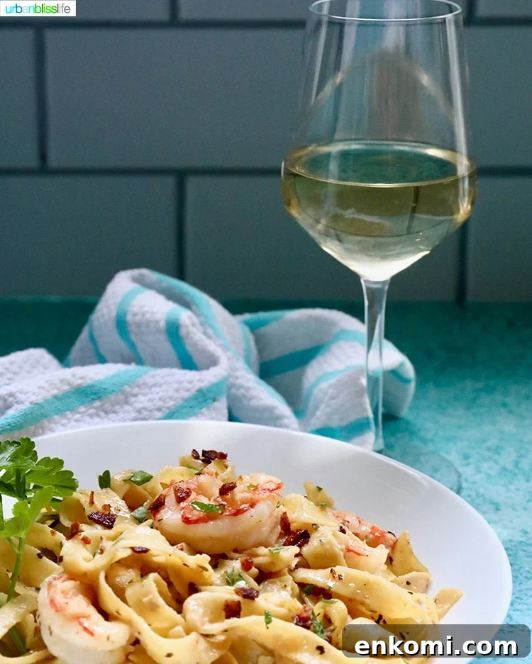 Crispy Air Fryer Bacon-Wrapped Shrimp Recipe 12 shrimp pasta with glass of white wine