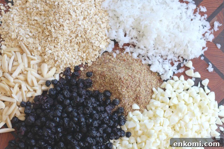 No-Bake Blueberry-Almond Oatmeal Bars with White Chocolate Recipe {www.TwoHealthyKitchens.com}