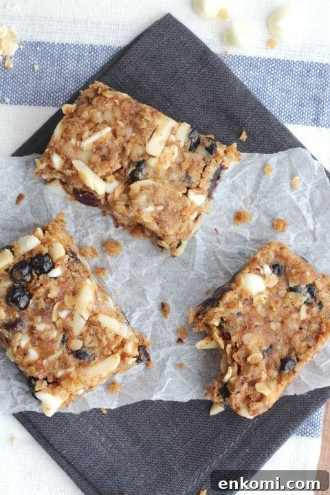 No-Bake Blueberry-Almond Oatmeal Bars with White Chocolate Recipe {www.TwoHealthyKitchens.com}