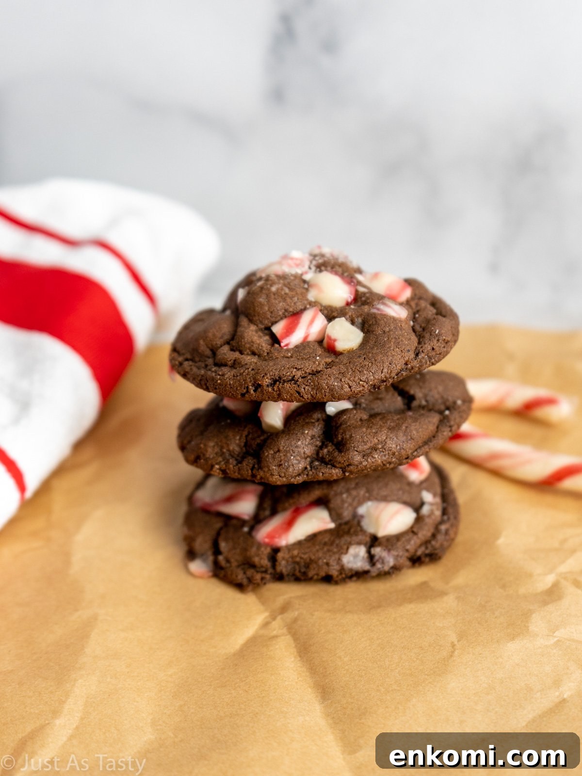 Stack of three peppermint mocha cookies.