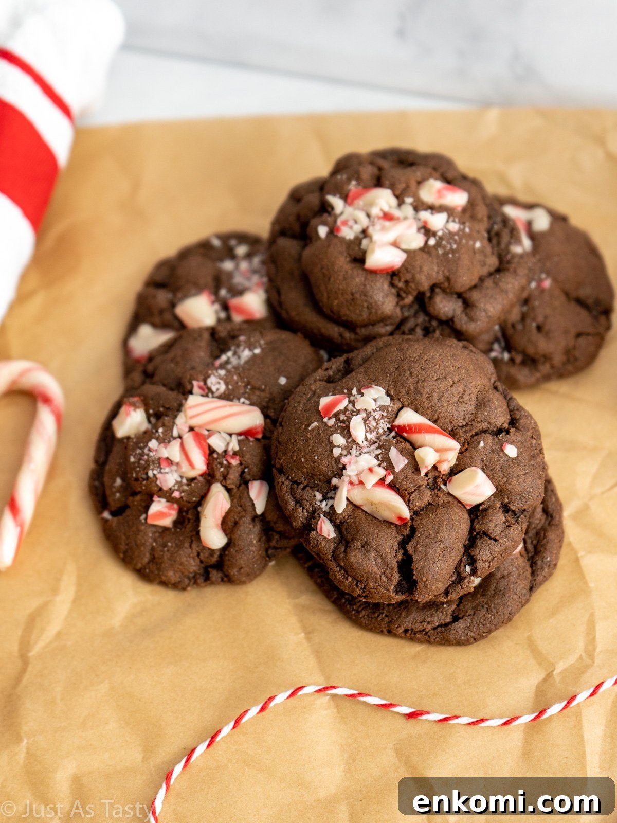 Peppermint mocha cookies on parchment paper.