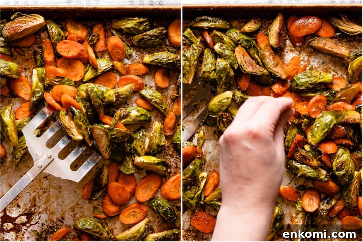 collage of roasted brussels sprouts and carrots being stirred with spatula and salt being sprinkled on roasted vegetables