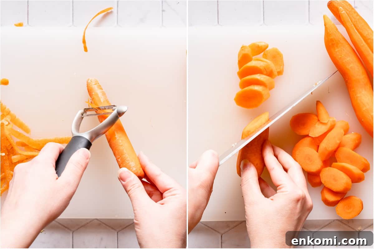 collage of peeling carrot and chopping carrot on diagonal