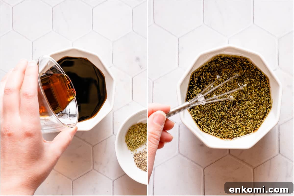 collage of pouring maple syrup into small bowl and whisking together glaze in small bowl