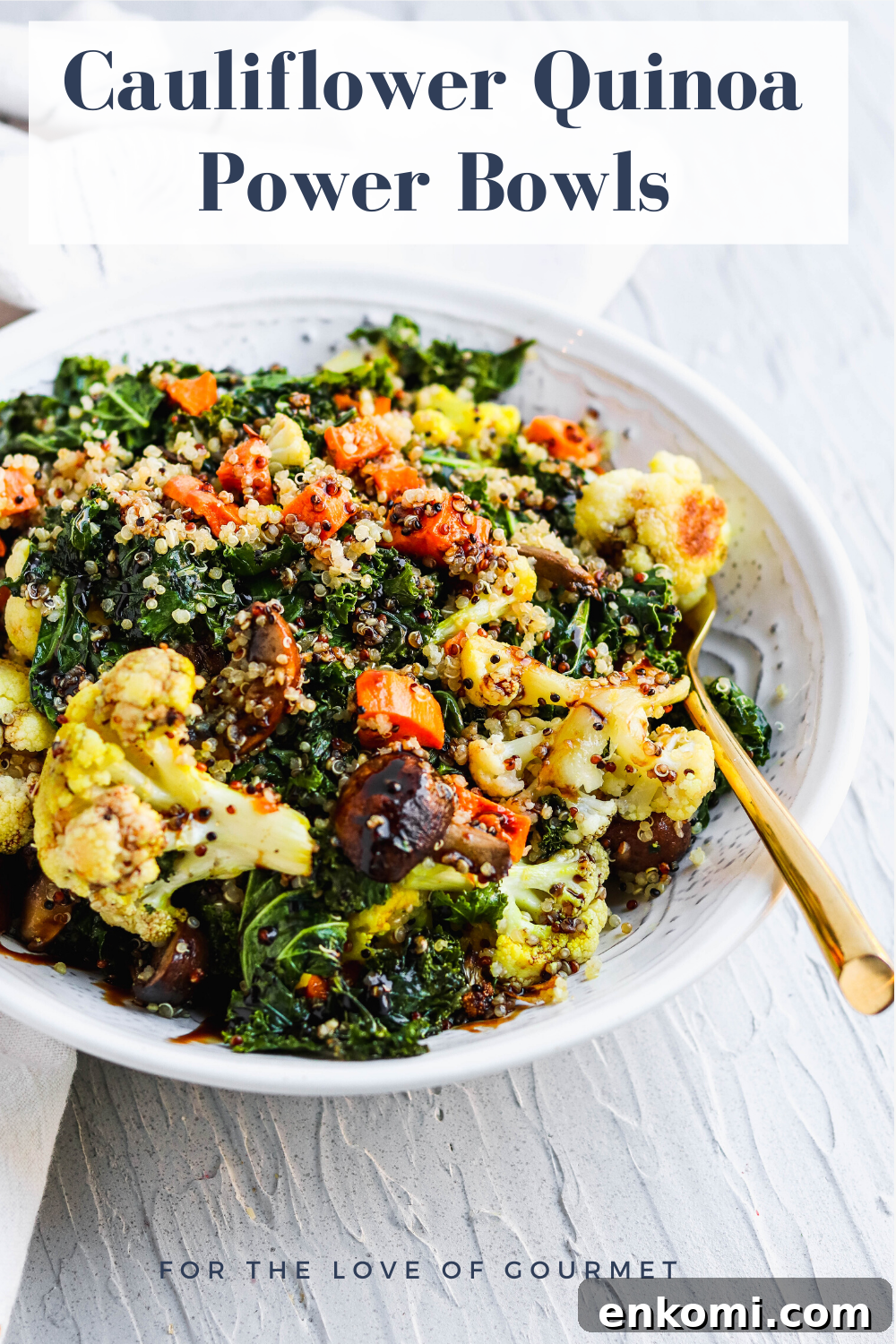 VEGAN Cauliflower Quinoa Power Bowls are the healthy dinner or quick lunch that you need. Packed with vegetables like cauliflower, sweet potato, kale, and mushrooms and topped with a balsamic glaze, this easy and healthy vegan recipe is a delicious way to use your vegetables. #vegan #cauliflower #dinner