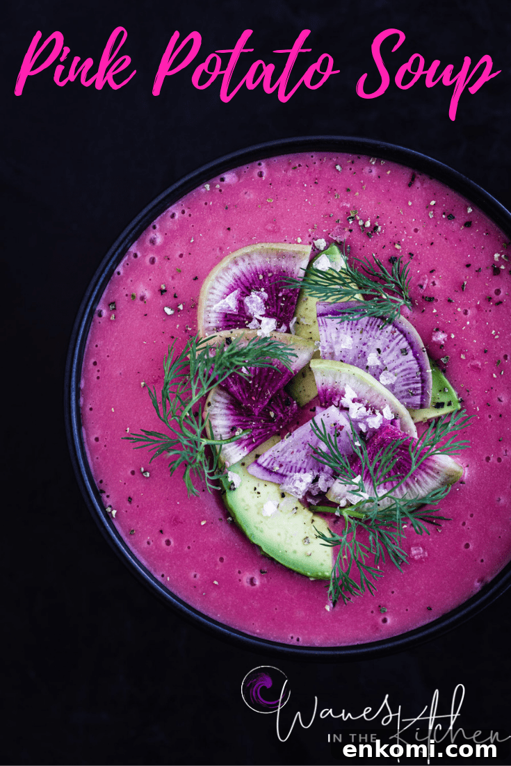 up close shot of finished vegan potato soup with avocado, radish and dil garnish.