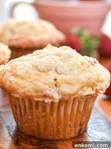 Delicious bakery-style strawberry muffins with a golden crumb and fresh strawberry flavor. Perfect f.