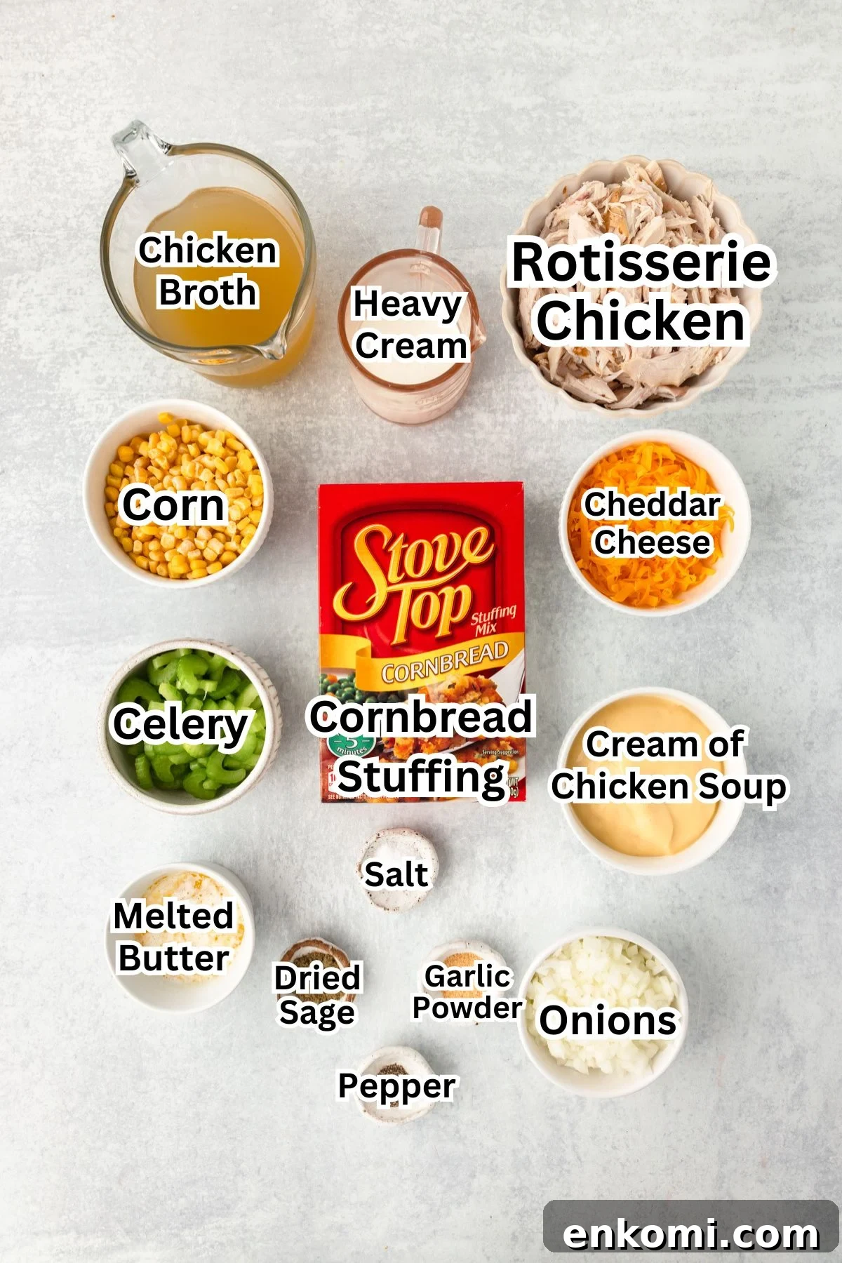 Creamy Chicken and Savory Stuffing Casserole Recipe 3 Top-down view of ingredients for a Chicken and Stuffing Casserole.