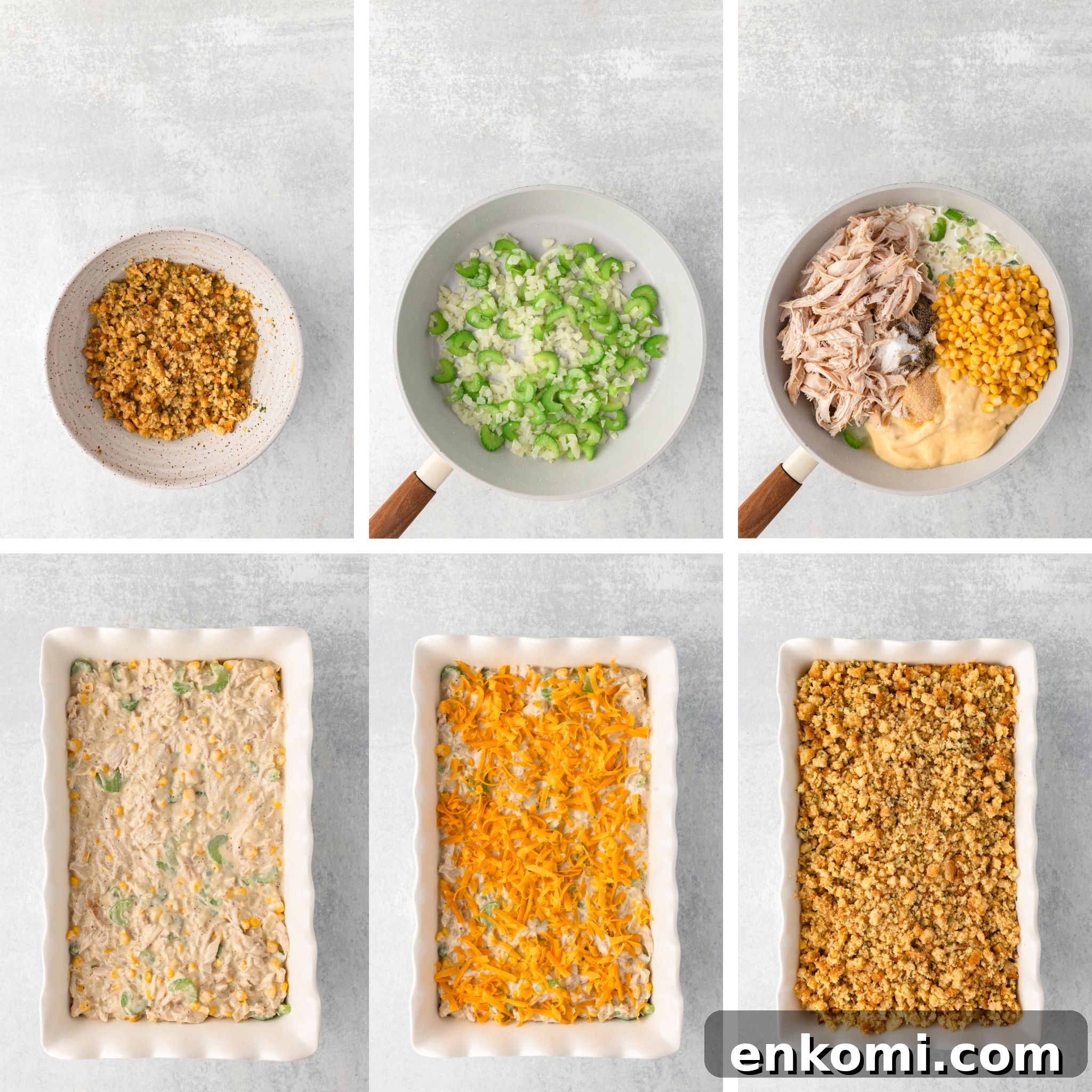 Creamy Chicken and Savory Stuffing Casserole Recipe 4 Six-step collage showing the process of making a chicken and stuffing casserole.