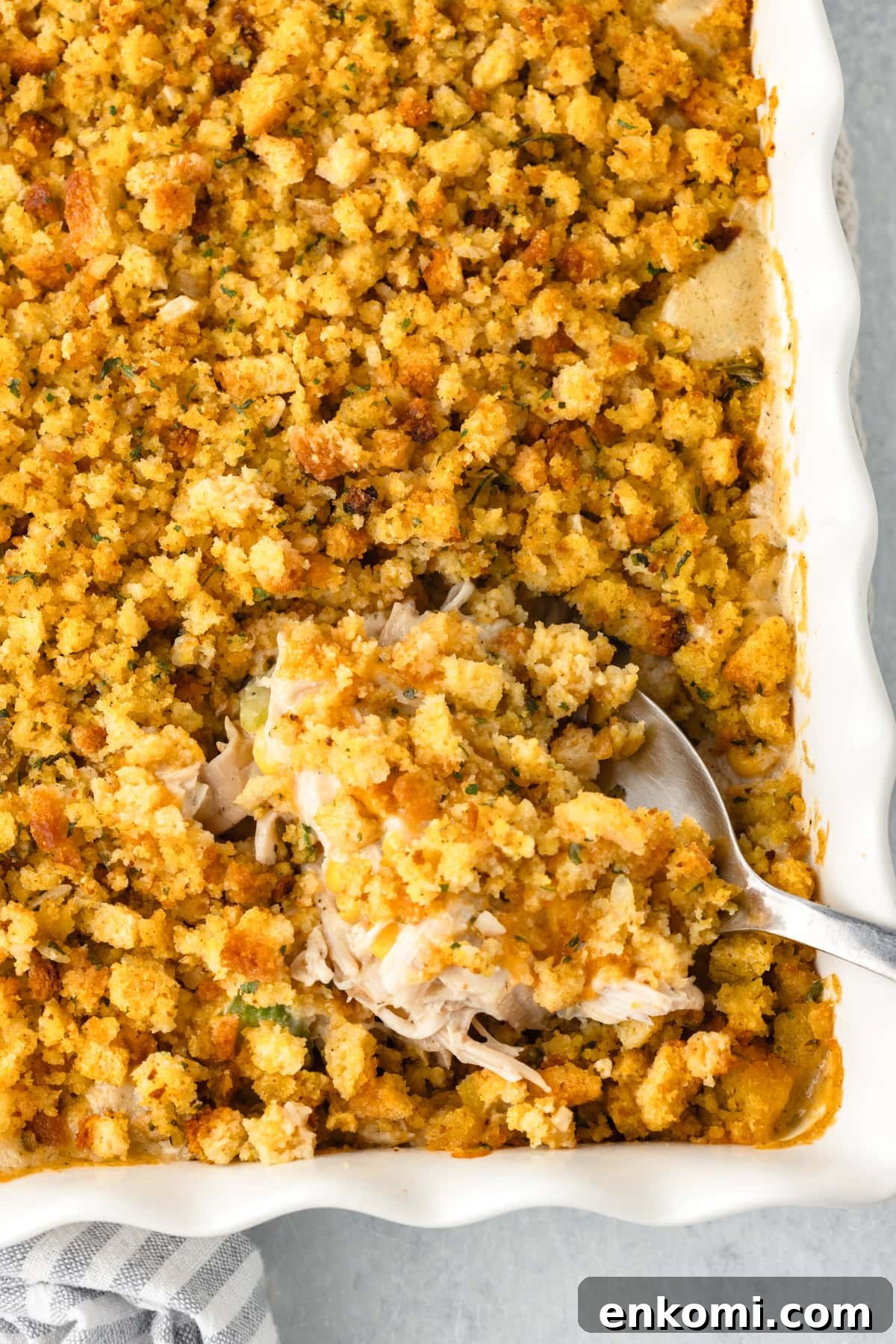 Creamy Chicken and Savory Stuffing Casserole Recipe 5 A close-up of a Chicken and Stuffing Casserole.