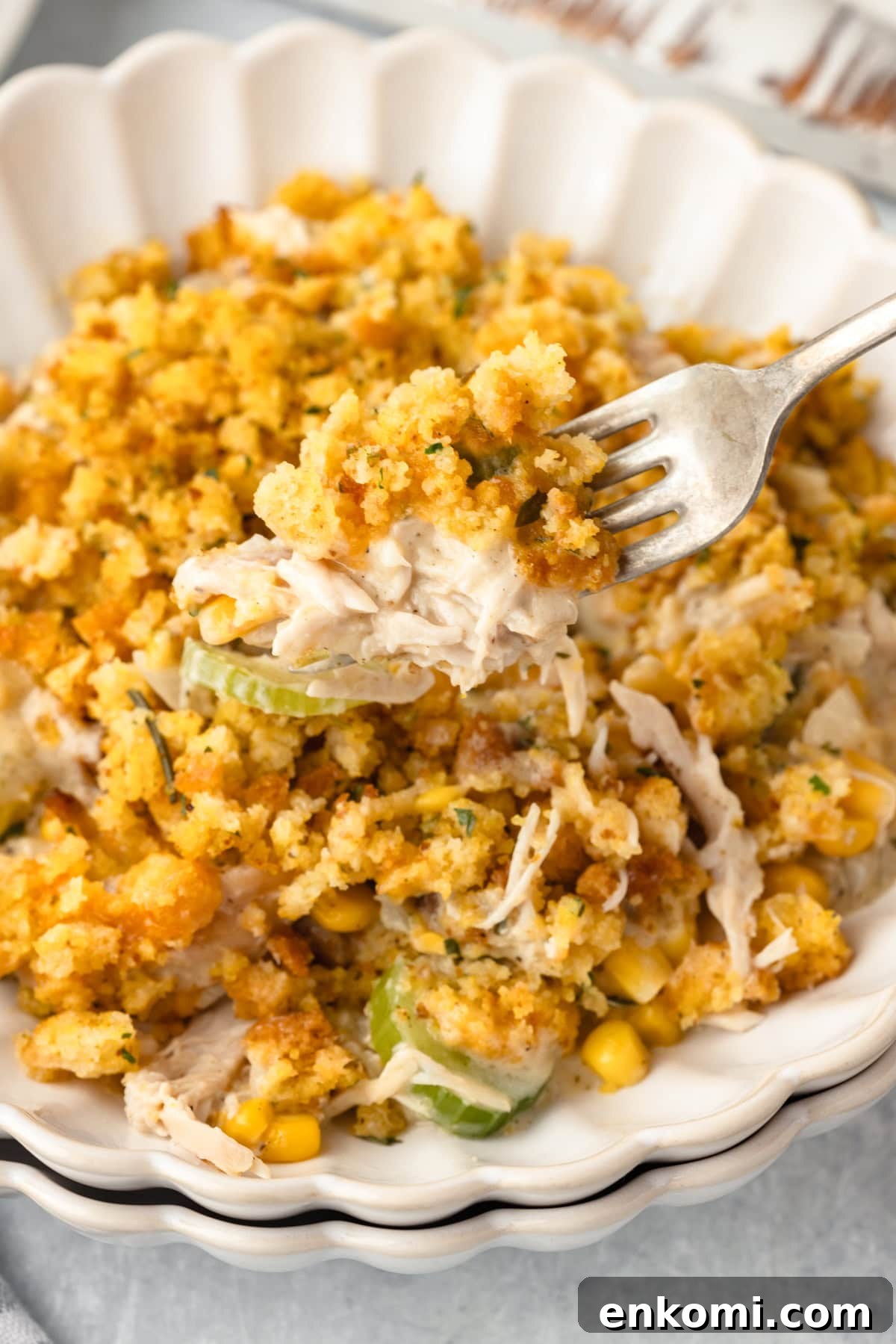 Creamy Chicken and Savory Stuffing Casserole Recipe 7 A close-up of a plate with a serving of Chicken and Stuffing Casserole.