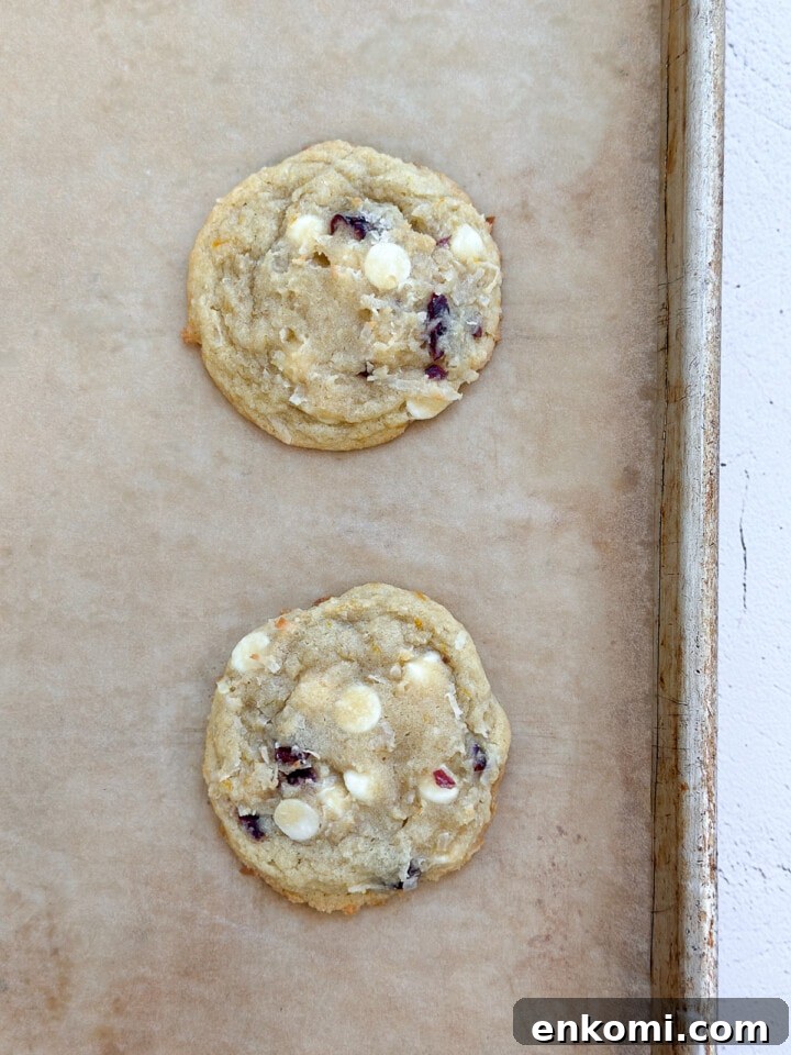 White Chocolate, Cranberry & Orange Cookies — Holiday Citrus Treats 12 cookies on a baking sheet after baking.