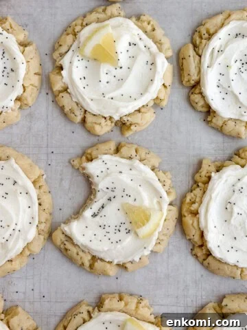 lemon poppyseed cookies with a bite missing from one.
