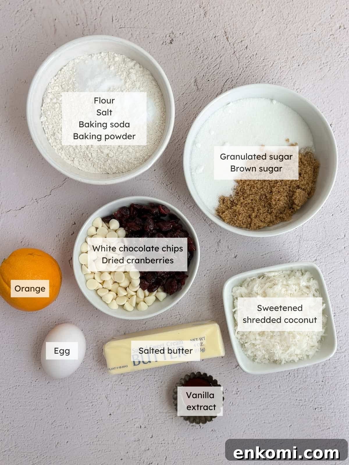 White Chocolate, Cranberry & Orange Cookies — Holiday Citrus Treats 4 All the ingredients needed to make White chocolate cranberry orange cookies.
