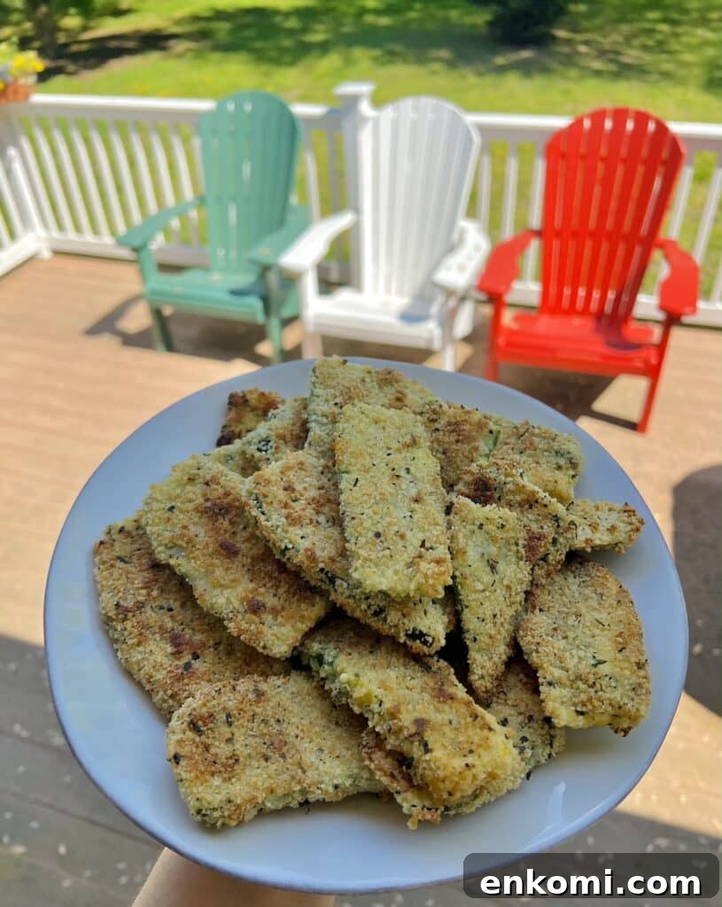 Plate full of panko breaded baked zucchini with deck and deck chairs in background.